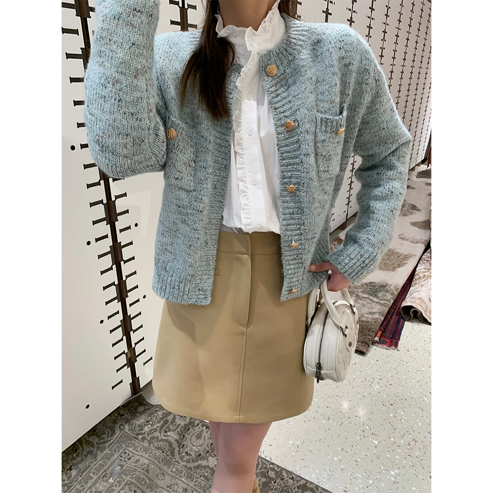 

Pijiuu Blue Knitted Sweater Jaet Women's Thiened Spring 2024 Faionable Classic Pure Color Top Quali Knittedwear