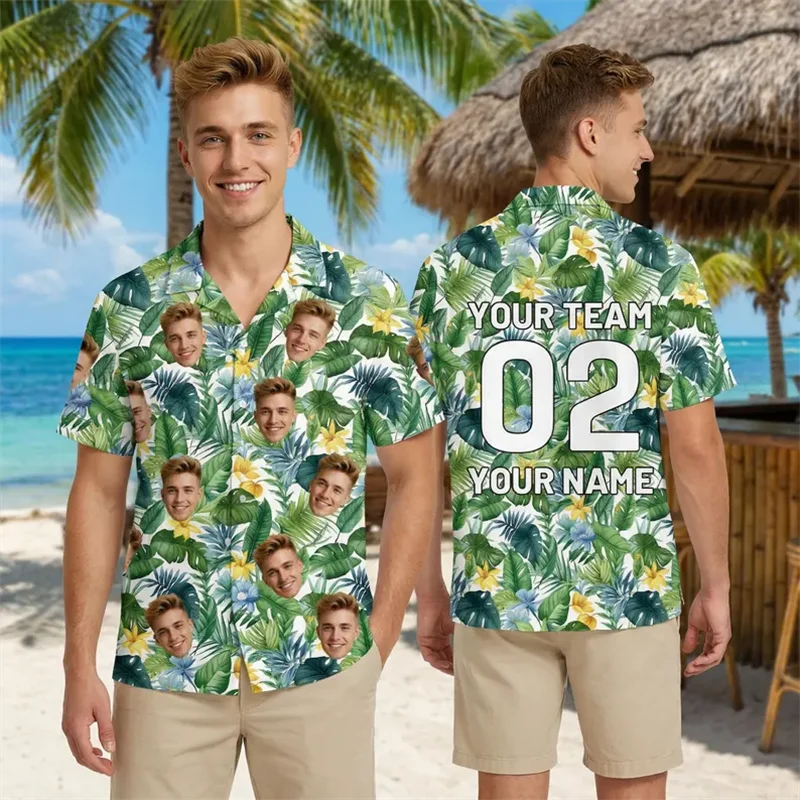 

Freee Custom Photo Hawaiian Men's Shirts Custom Face Team Name Number Print Summer Beach Casual Aloha Shirt Clothes