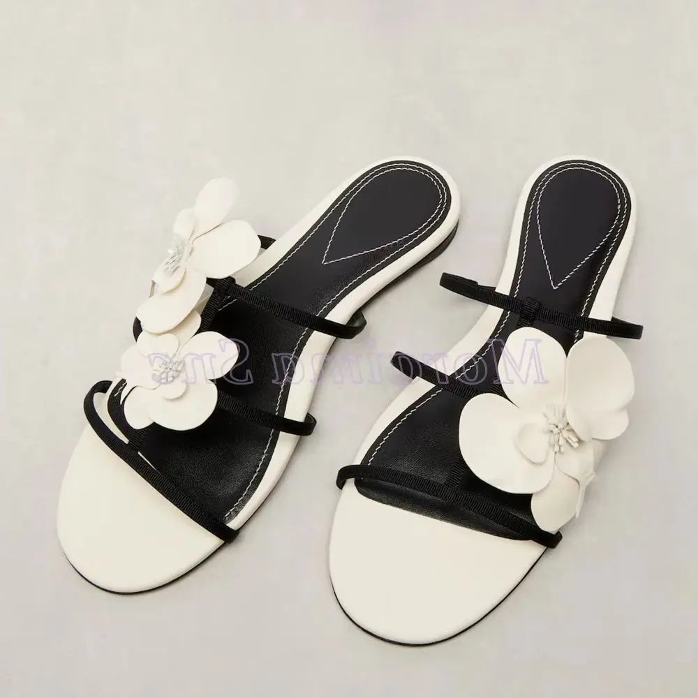 

2026 новейшие модные женские летние тапочки на плоской подошве с асимметричным цветком и сандалиями, круглые модные летние тапочки без шнуровки с открытым носком, черные, белые, разноцветные