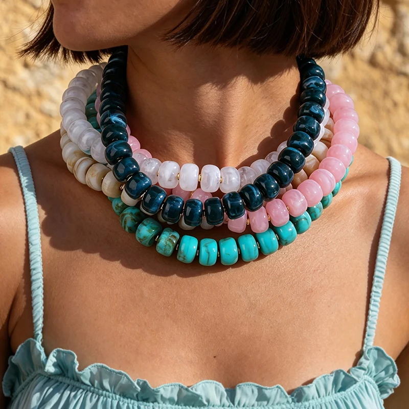 Multicolored Resin Cloud-Patterned Barrel Bead Necklace