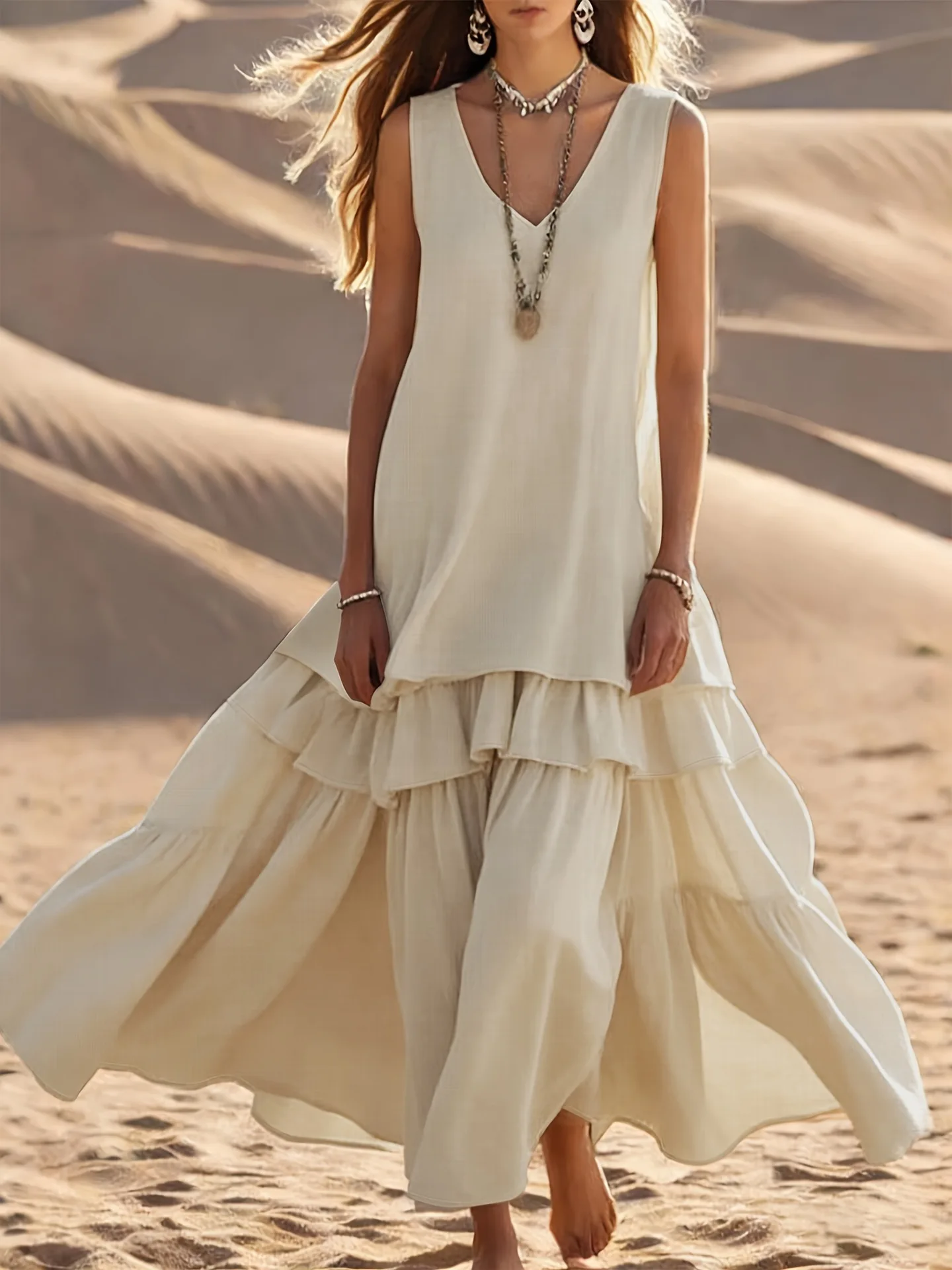 

Women Dress 2026 New Solid Color Spring Summer Sleeveless V-Neck Ruffles Layered Loose Fit Casual Vacation Long Dress