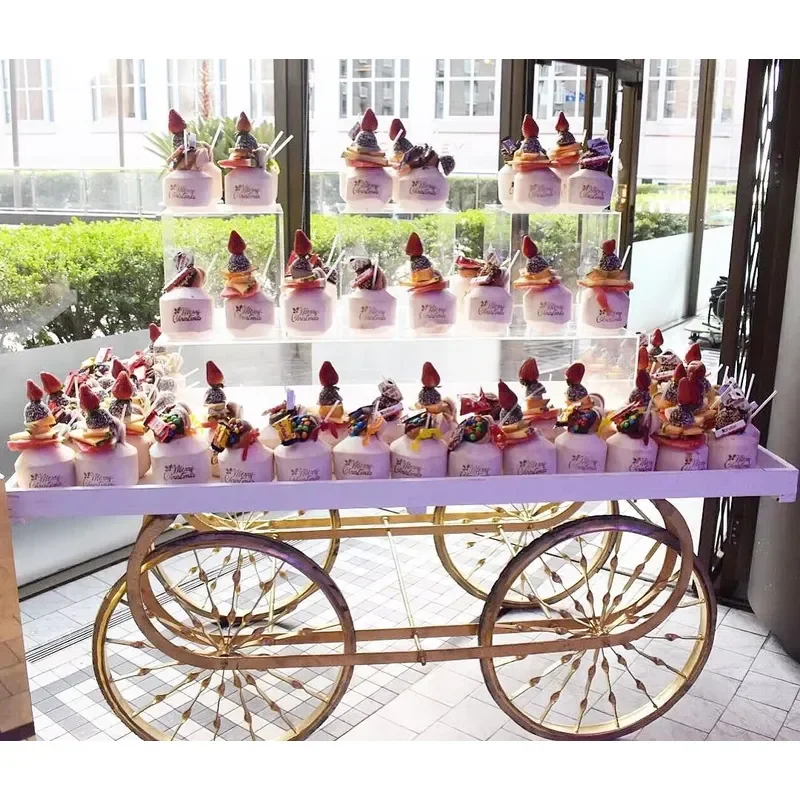 Modern Style Metal Vegetable and Fruit Cart with Gold Wheels Hot Sale Wedding Decoration Event Desert Candy Bar Cart