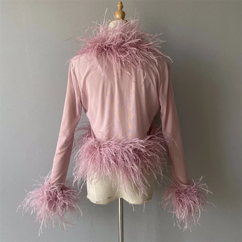 Jxwatcher Women's Sexy Mesh Feather Tops Spring Summer Ladies Vintage Celebrity Real Ostrich Feather Coat Fashion Party Wear New