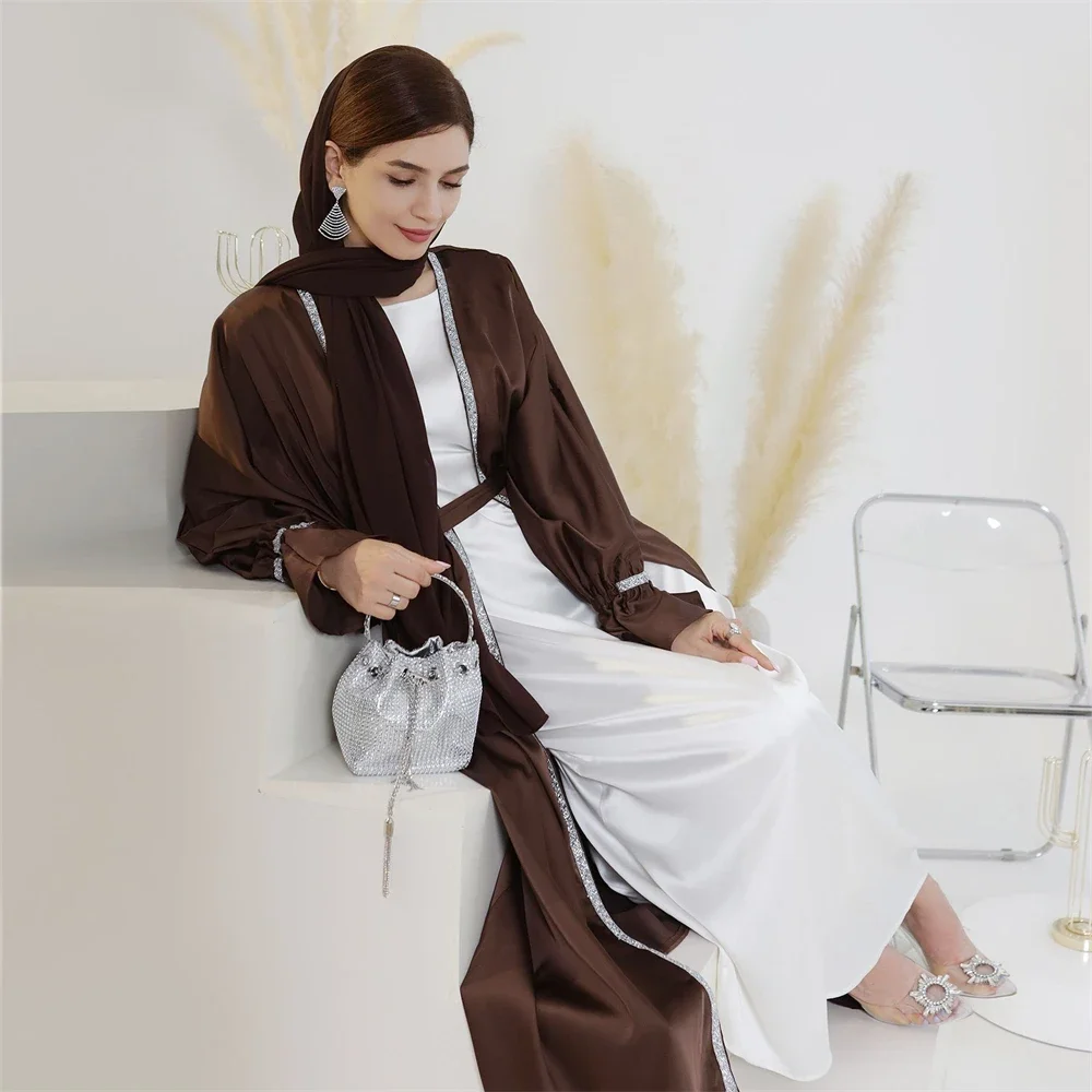 Dubai Middle East Abayas and White Dress 2 Pieces Set for Women Eid Ramadan Islamic Clothing Kimono Cardigan Robe Kaftan Kebaya