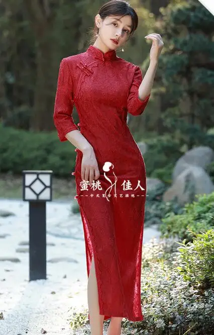 

Red Cheongsam Lace Long Qipao Dress Chinese Bride Wedding Summer Vintage Oriental Chipao