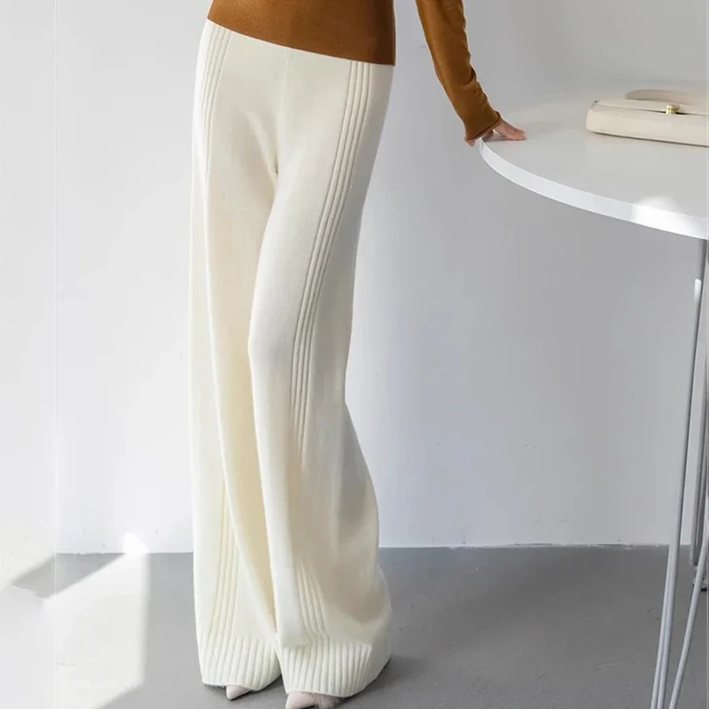 

2025 зимние толстые широкие вязаные брюки, женские свободные брюки с эластичной резинкой на талии, женские мягкие однотонные прямые брюки, женские