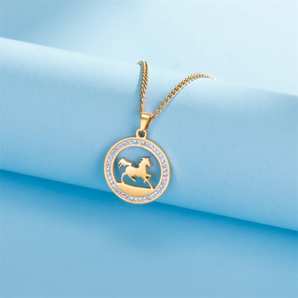 My Shape Running Horse Pendants Necklace Stainless Steel Rhinestone Pendant Necklaces Choker Chain Horse Lover Christmas Jewelry