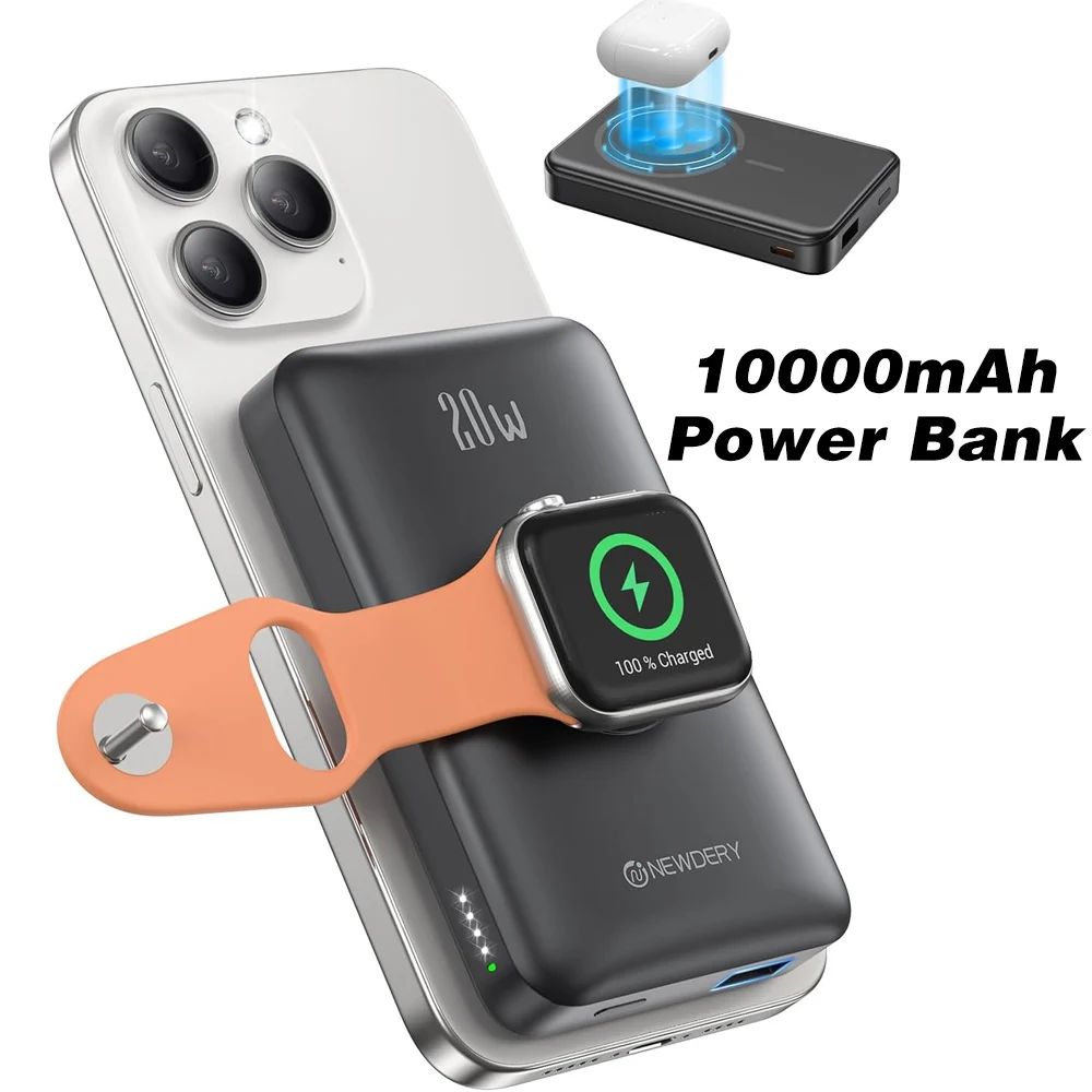 NEWDERY 10000mAh magnetyczny bezprzewodowy Power Bank do Apple Watch /9/8/7/6/5/4/Ultra 2 akumulator iWatch do iPhone'a 16/15, Galaxy