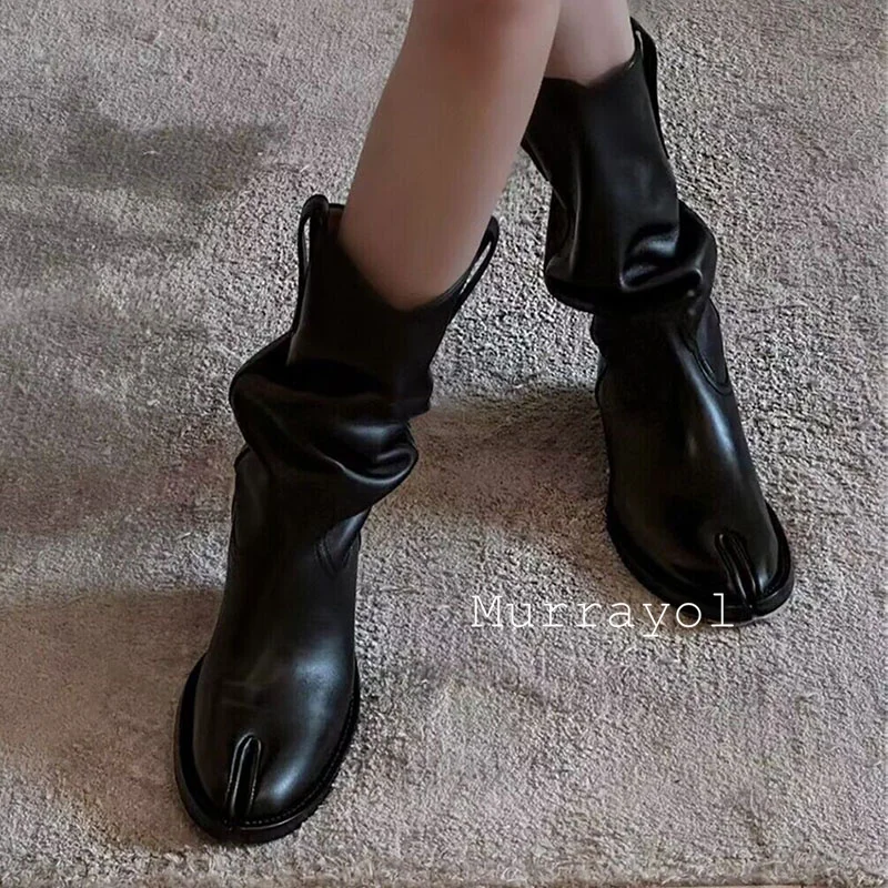 Cow Suede Split Toe Solid Color Mid-calf Boots Women Wrinkle Design Thick Heel Short Botas  Autumn Winter Retro Chelsea Boots