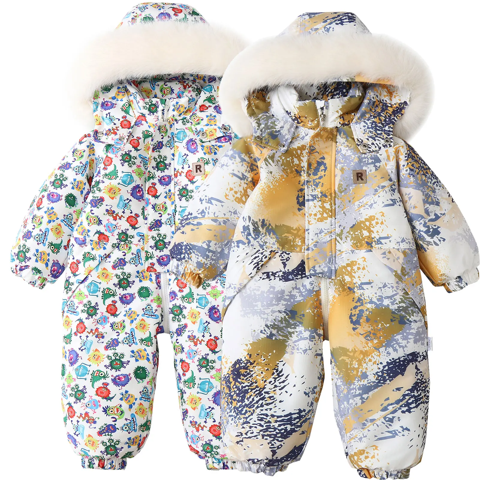 

Детские зимние комбинезоны, теплые детские зимние комбинезоны с мультяшным принтом и меховым капюшоном, цельные утепленные лыжные комбинезоны для малышей, комбинезоны для девочек и мальчиков