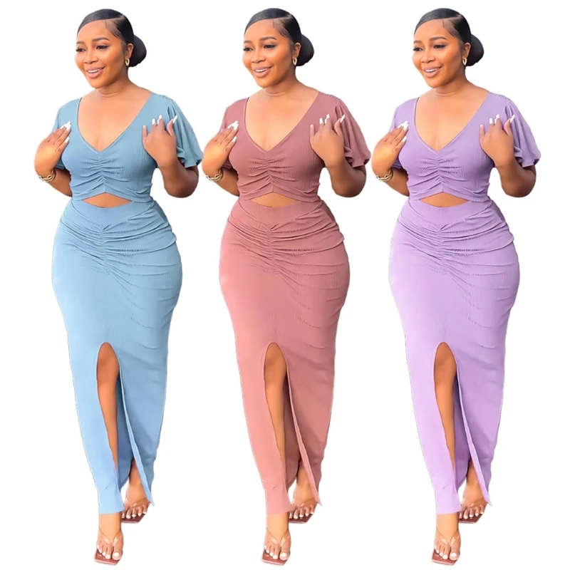 

Women 2Piece Dress Short Sleeve Crop Tops Maxi Skirt Set Slit Maxi Dress Set Dropship