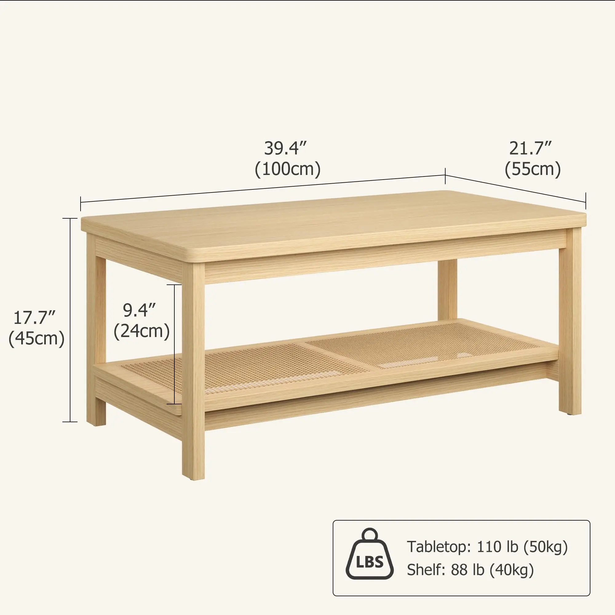 39.4in Boho Rectangular Coffee Table With Rattan Storage Shelf, 2 Tier Mid Century Modern Center Table For Living Room, Apartment, Small Space