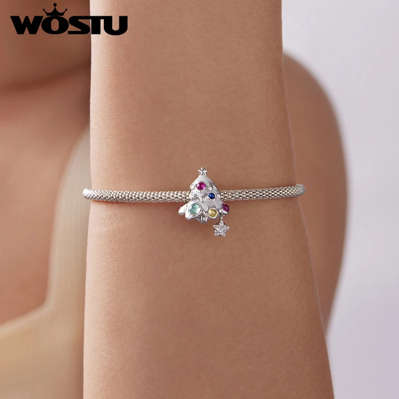 WOSTU 925 Sterling Silver Christmas Tree Charm Santa Claus Bead Snowman Pendant Original Fit for Women Gift DIY Fine Jewelry