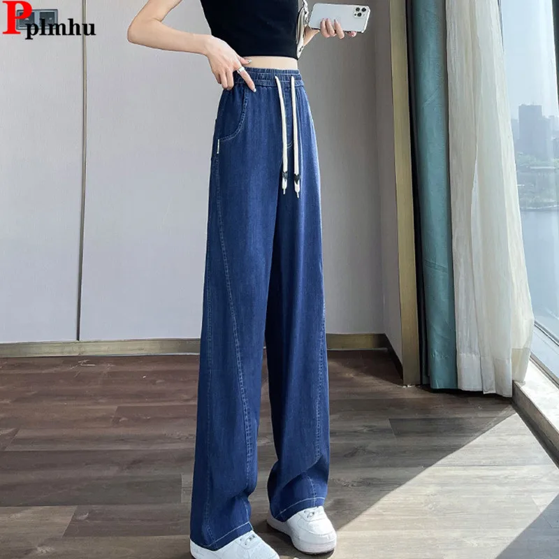 

Lace-up Thin Straight Imitation Denim Pants Summer High Elastic Waist Loose Wide Leg Casual Pantalones Korea New Women Spodnie