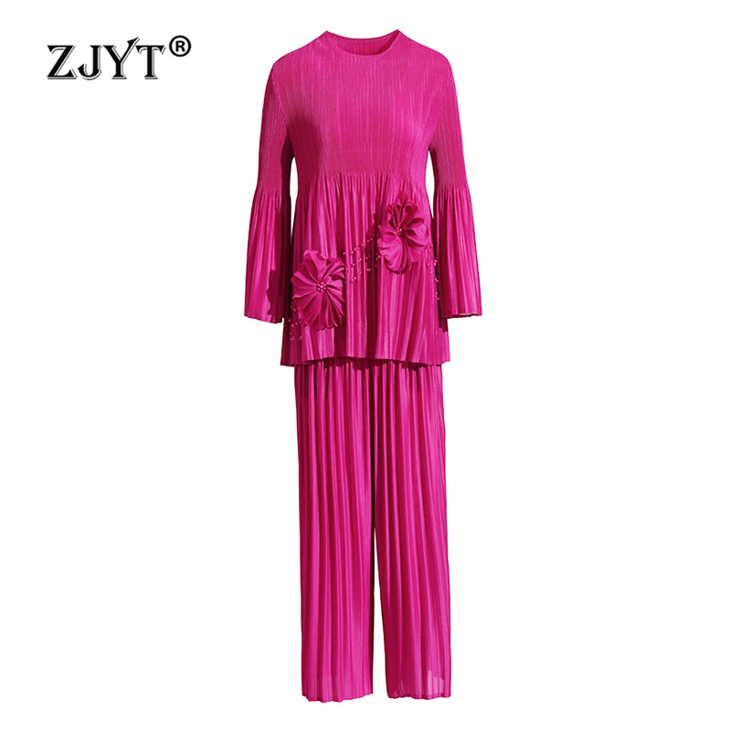 

ZJYT Elegant Ladies Wide Leg Pants 2 Piece Matching Set Women Summer Clothing Outfit Beading Loose Top and Trousers Suit Casual