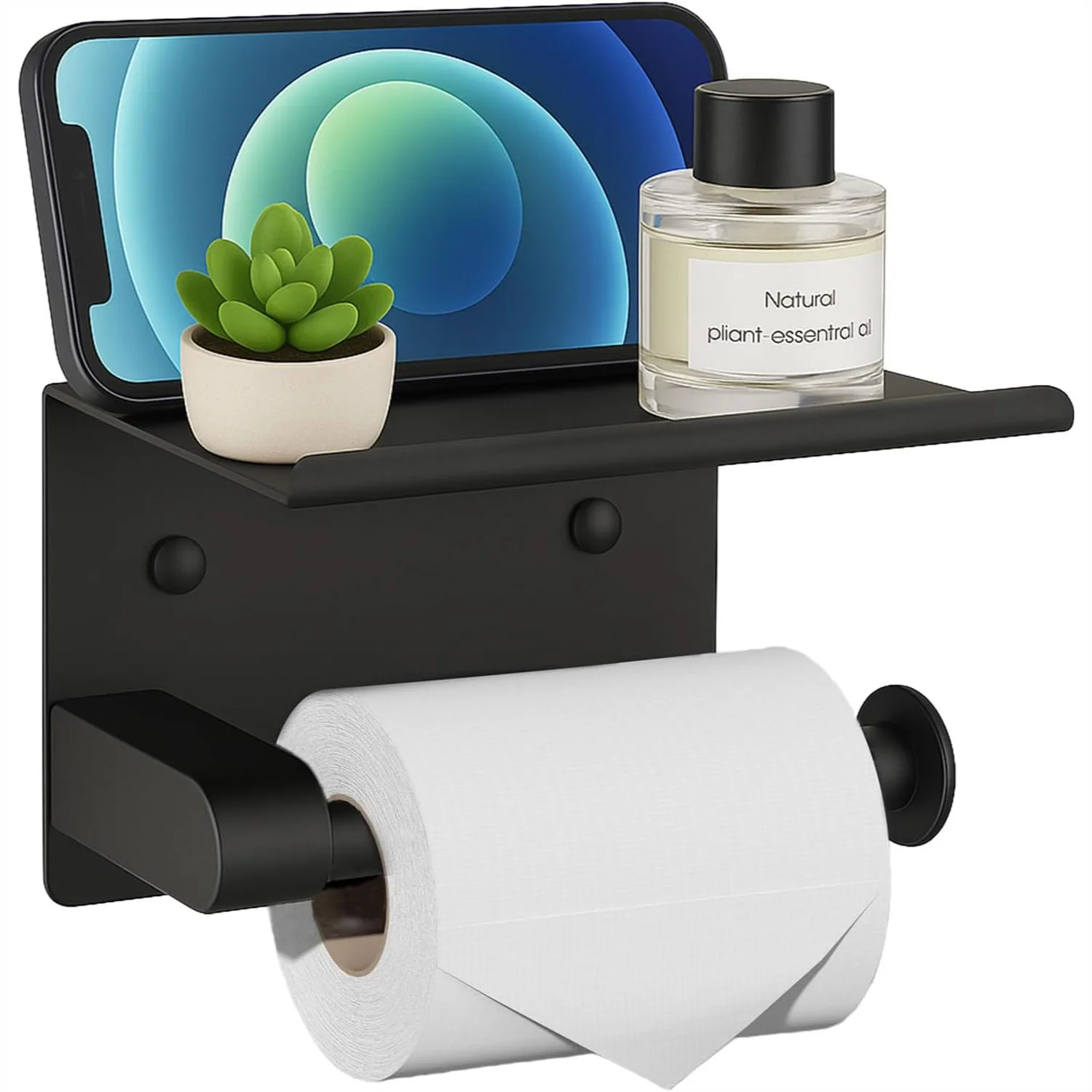 

Black Toilet Paper Holder with Shelf, Rustproof Stainless Steel Wall Mount or Self Adhesive, Fits Mega Rolls for Bathroom
