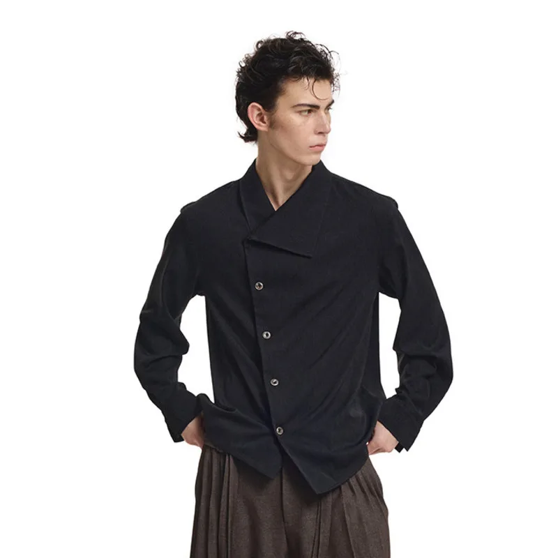 WVGA Spring Autumn New Men Striped Textured Asymmetrical Front Placket Draped Long Sleeve Shirt Niche Chic Casual Top Ins W26412