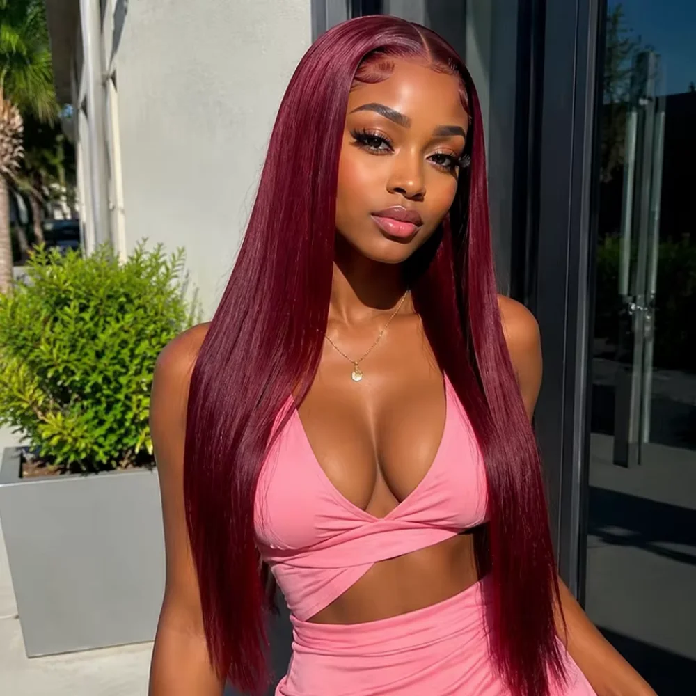 16 34 Inch 99J Burgundy Straight Lace Front Wigs Brazilian Human Hair 250 Density Transparent Burgundy Lace Frontal Human Hair Wig Pre Plucked