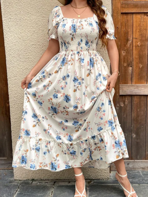 

2025 Summer Women's Long Dress Elegant Short Sleeve Square Neck Flower Print Loose Summer Casual Plus Size Dresses