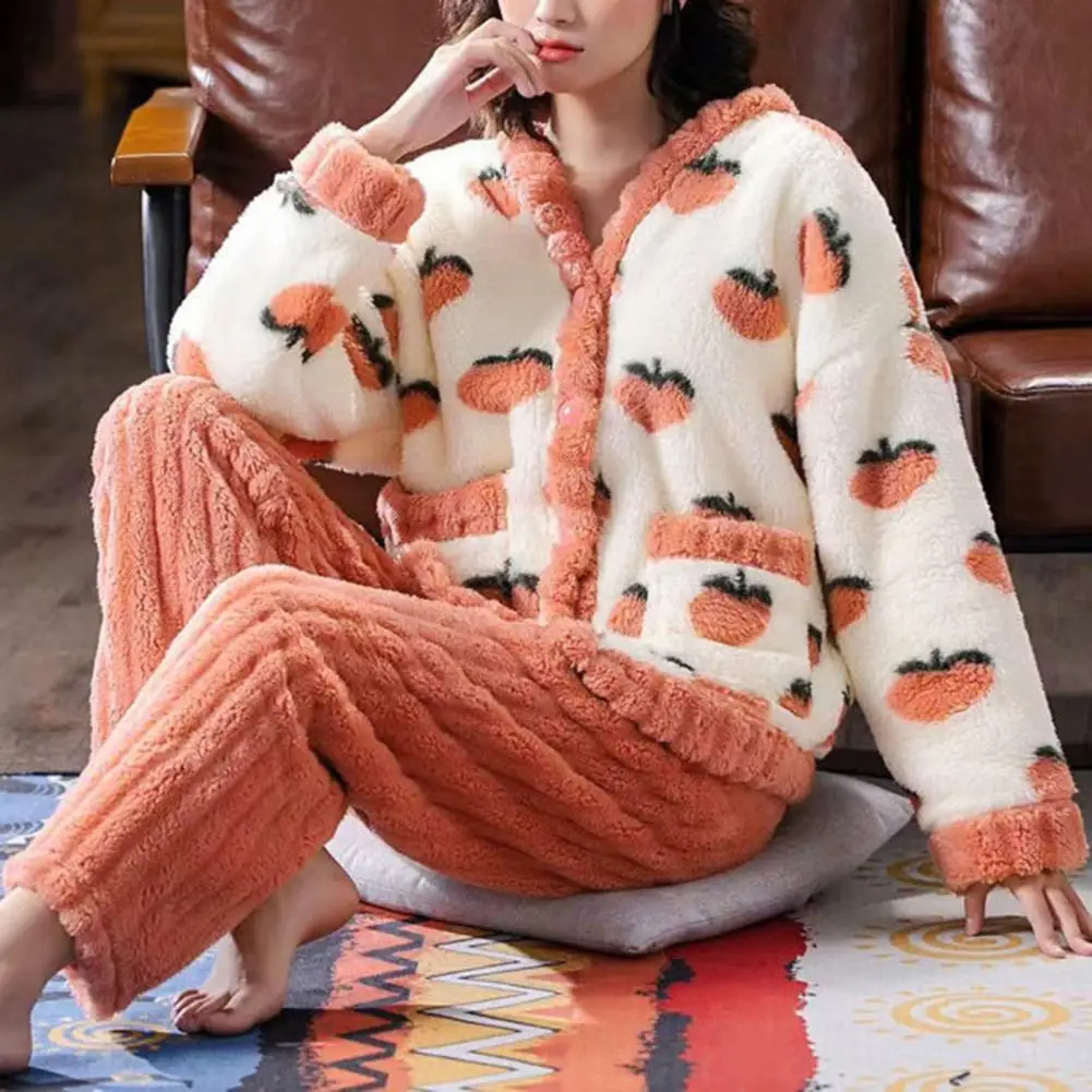 Women Cozy Sleepwear Set Women Coral Velvet Pajama Set Warm Cozy Women's Winter Pajama Set Cartoon Fruit Print Thickened Coral