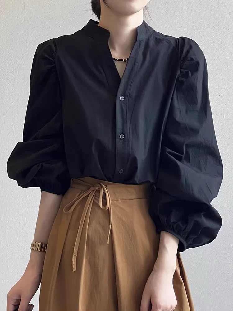 Elegante Camisa Negra con Cuello Mao y Mangas Abullonadas para Mujer, Blusa Holgada para el Trabajo, Estilo Francés Casual, Nueva Colección Primavera Otoño 2026
