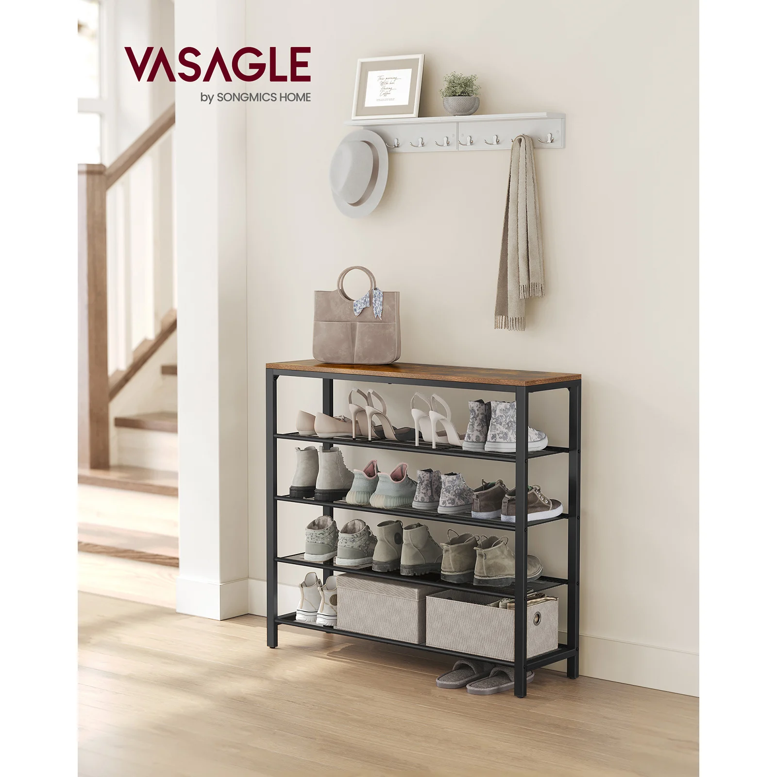 VASAGLE Shoe Rack, Shoe Storage Organiser with 4 Mesh Shelves and Large Surface for Bags, Shoe Shelf for Entryway