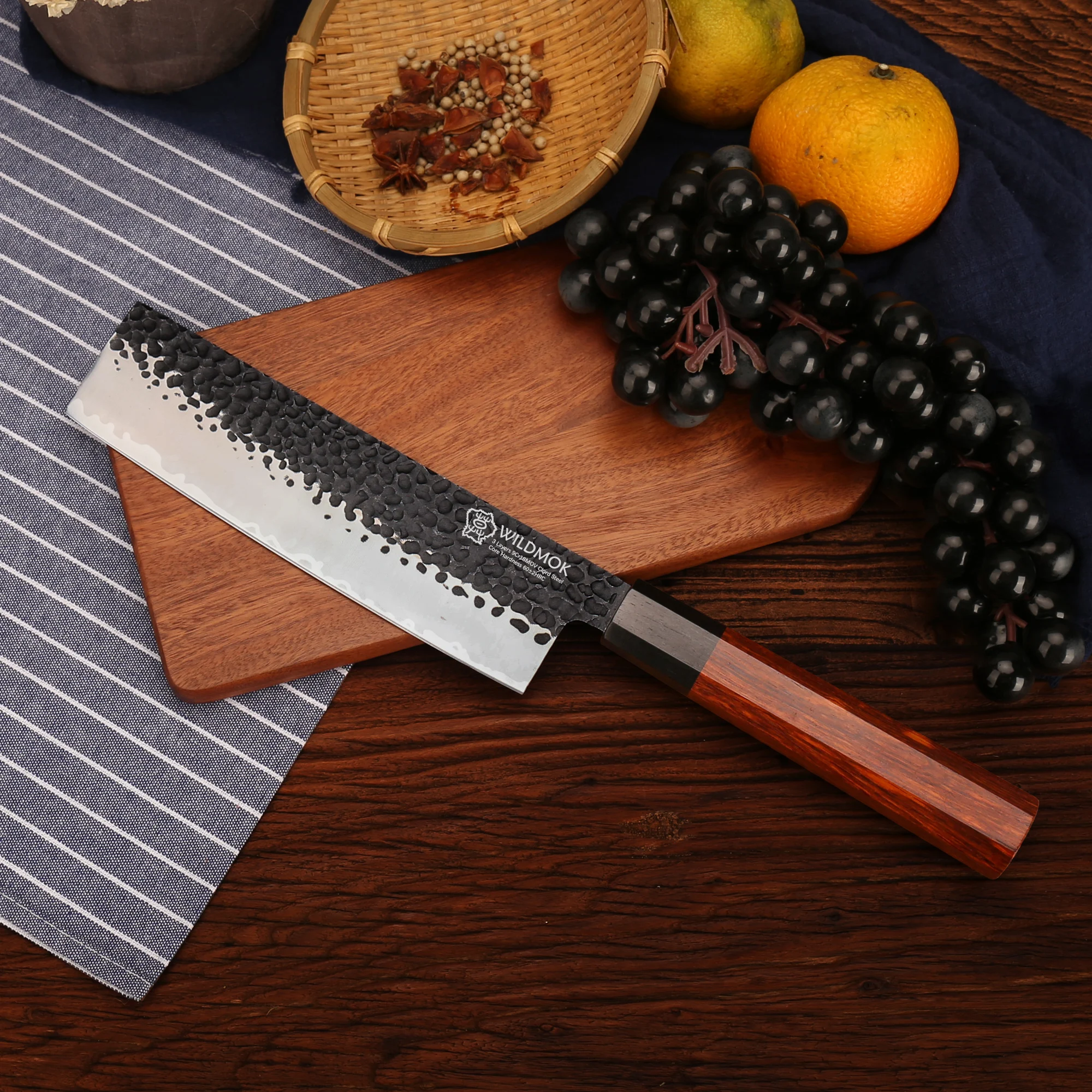 WILDMOK High Carbon 7.8 Inch Nakiri Knife,Ergonomic Grip Kitchen Knife 9Cr18MoV Steel & Rosewood Octagonal Handle