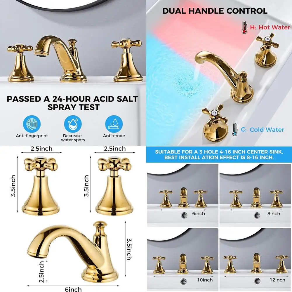 

Смеситель для раковины золотистого цвета, с 3 отверстиями, с сливным клапаном, из цельной латуни, с керамическим картриджем без капель, регулируемая установка 8-16 дюймов
