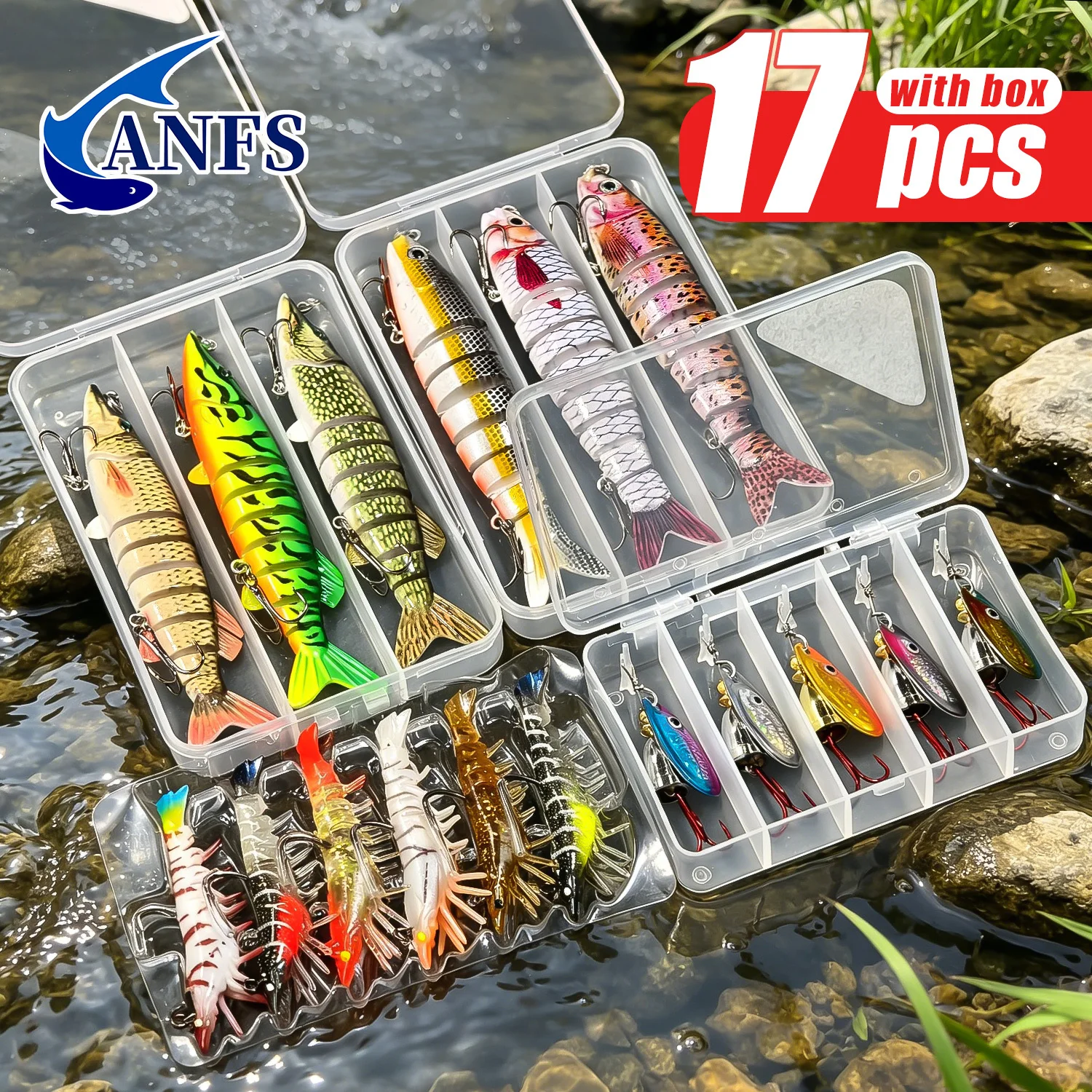 Kit de leurres de pêche ANFS 17 pièces assortis pour eau douce et eau salée, 6 leurres nageurs, 6 leurres crevettes, 5 leurres spinner en cuivre