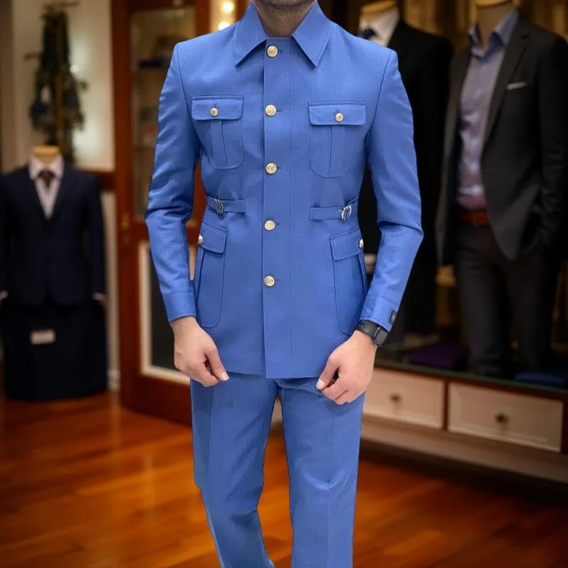 

Мужской однобортный костюм-сафари с воротником-стойкой в китайском стиле, модный костюм для официальных мероприятий, свадебный смокинг для выпускного вечера, 2 предмета