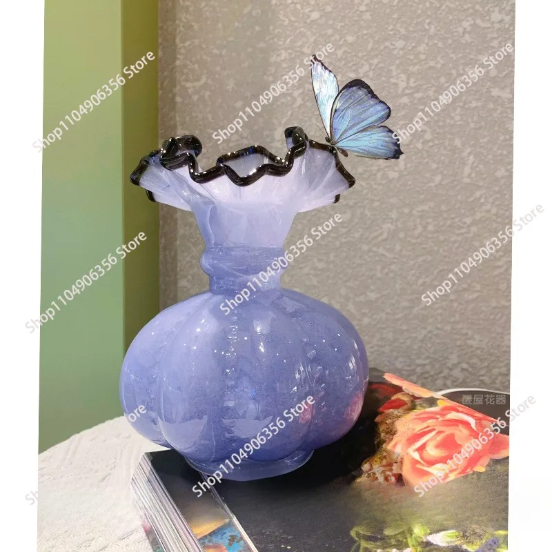 Medieval Fenton style handmade glass purple vase French retro style flower arrangement pumpkin bottle light luxury home ornament