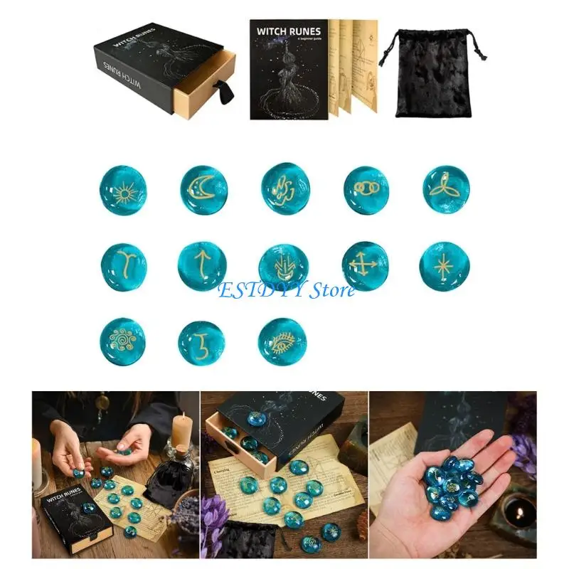 

G6DE 13Pcs Glass Runes Stone Irregular Divination Runes Stone with Instruction and Storage Bag Heal Gift Decoration