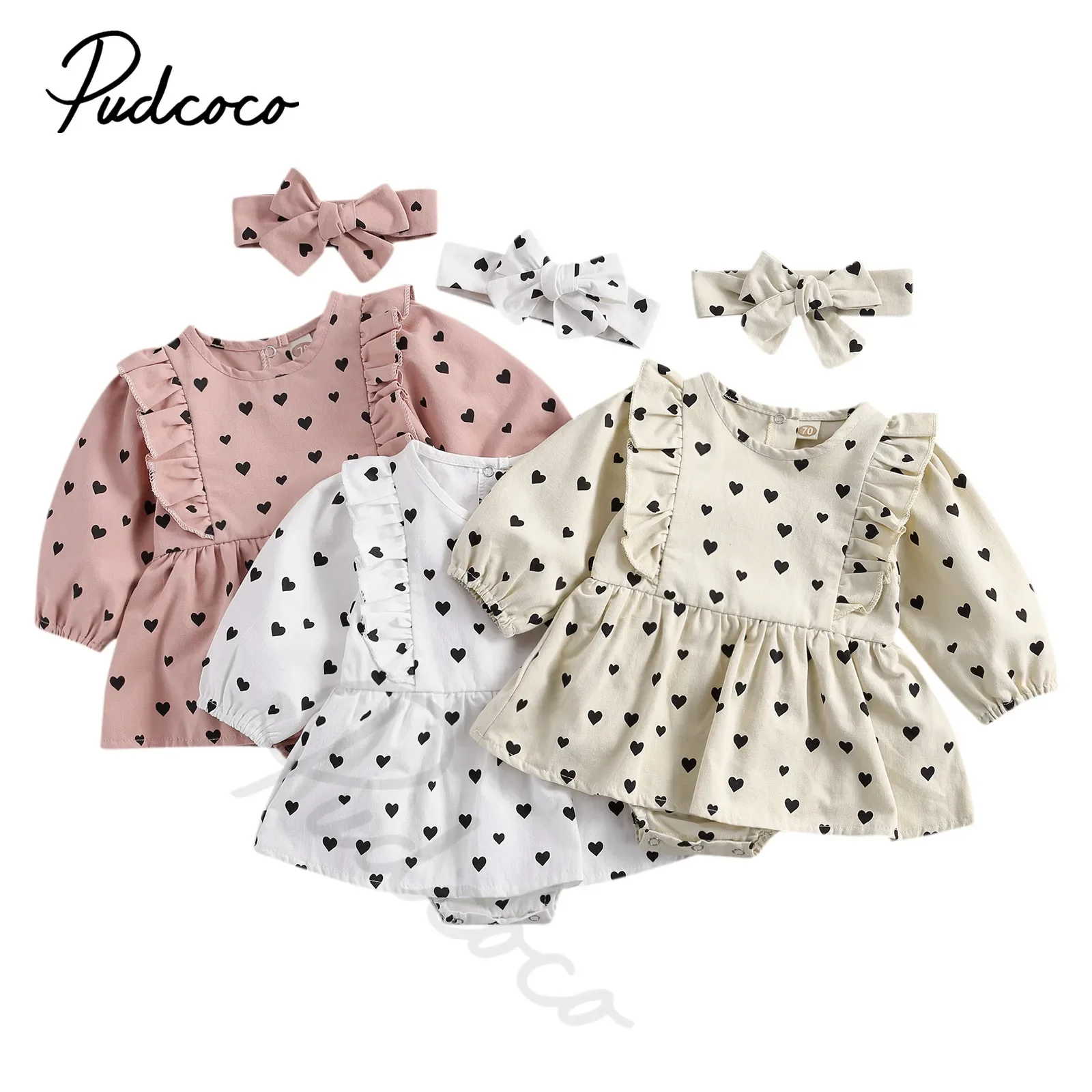 

New Born Baby Girl 2-piece Bodysuits Dress Set, Long Sleeve Heart Print Crew Neck Lace Mini Dress and Hairband Spring Autumn