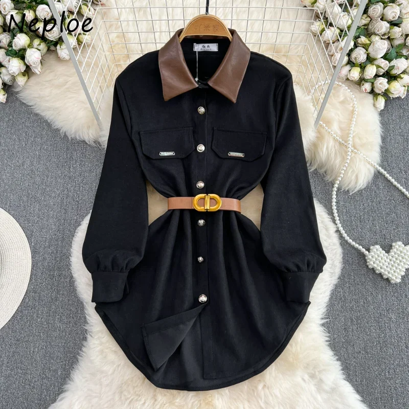 Neploe Turn Down Collar Contrast Color Long Sleeve Robe Femme Single-breasted Belt Slim Waist Dresses Vestidos De Mujer Elegant