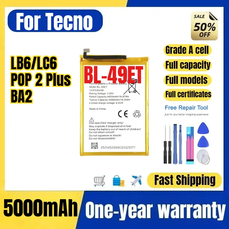 BL-49ET for Tecno LB6/LC6/POP 2 Plus/BA2  Phone Battery High Quality High Capacity Replacement Bateria Grade A Cell with Tools