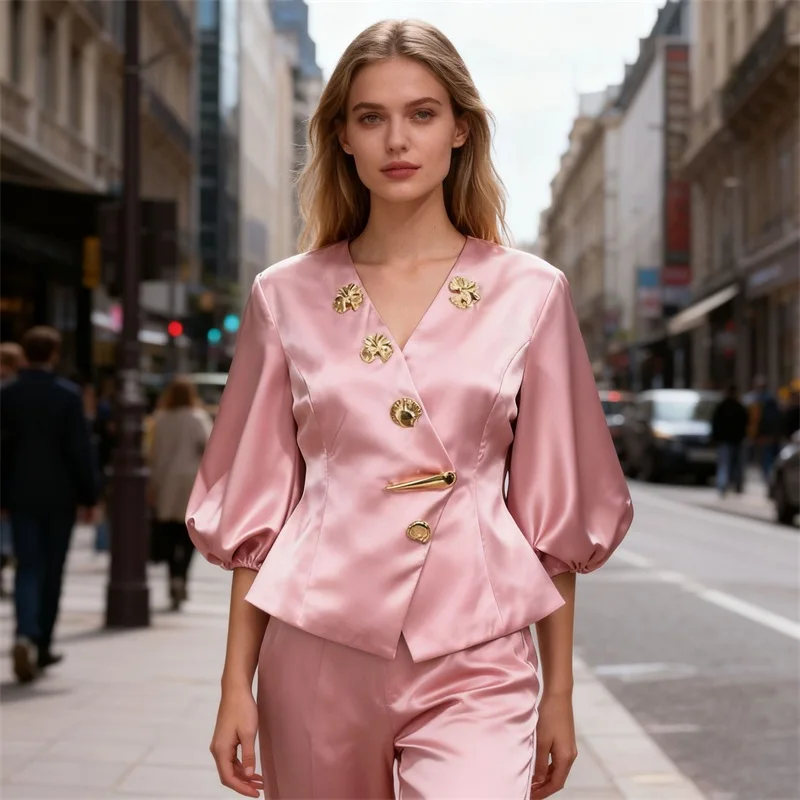 

Розовый атласный женский костюм, цельный пиджак с золотыми пуговицами, официальное деловое офисное женское пальто, свадебный, день рождения, офисная женская куртка для выпускного вечера