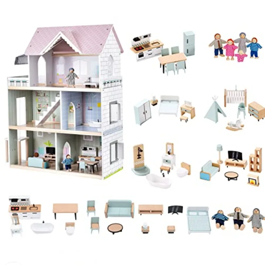 Dollhouse for indoor play, made of wood, natural color, 2.6 feet high with elevator, doorbell, lights, 52 furniture pieces and