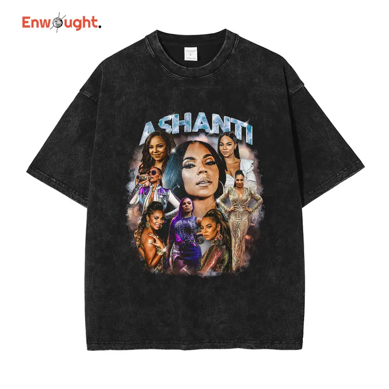 

Ashanti T Shirt Female Model Actors Douglas Print Top Tees Vintage Washed Short Sleeve Oversized T-shirt Harajuku Streetwear Men