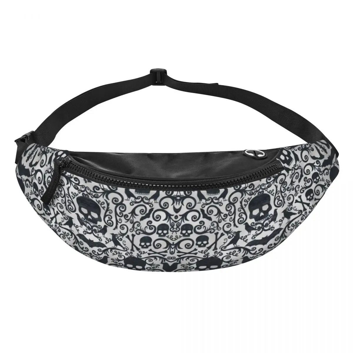 Black Skulls Crossbones Crows Fanny Pack Men Women Halloween Gothic Skeleton Crossbody Waist Bag for Running Phone Money Pouch