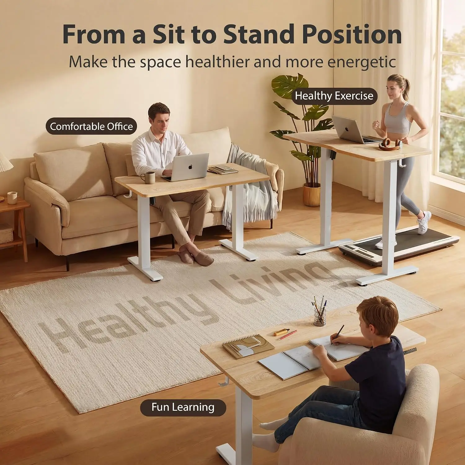 Electric Standing Desk 48x24 Inch Adjustable Height Sit Stand Office Workstation Splice Board White Frame Maple Top, Customized