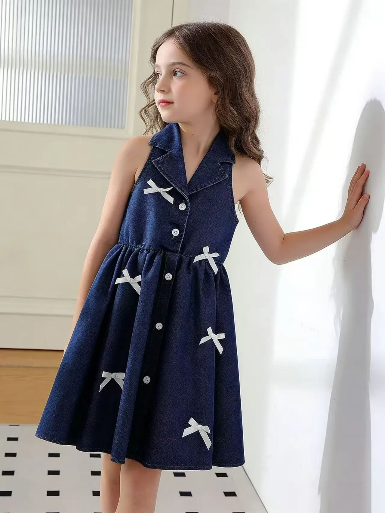 Blue Casual Hanging Neck Butterfly Condensation Back Casual Dress for Girls 3-7 Summer Promotion