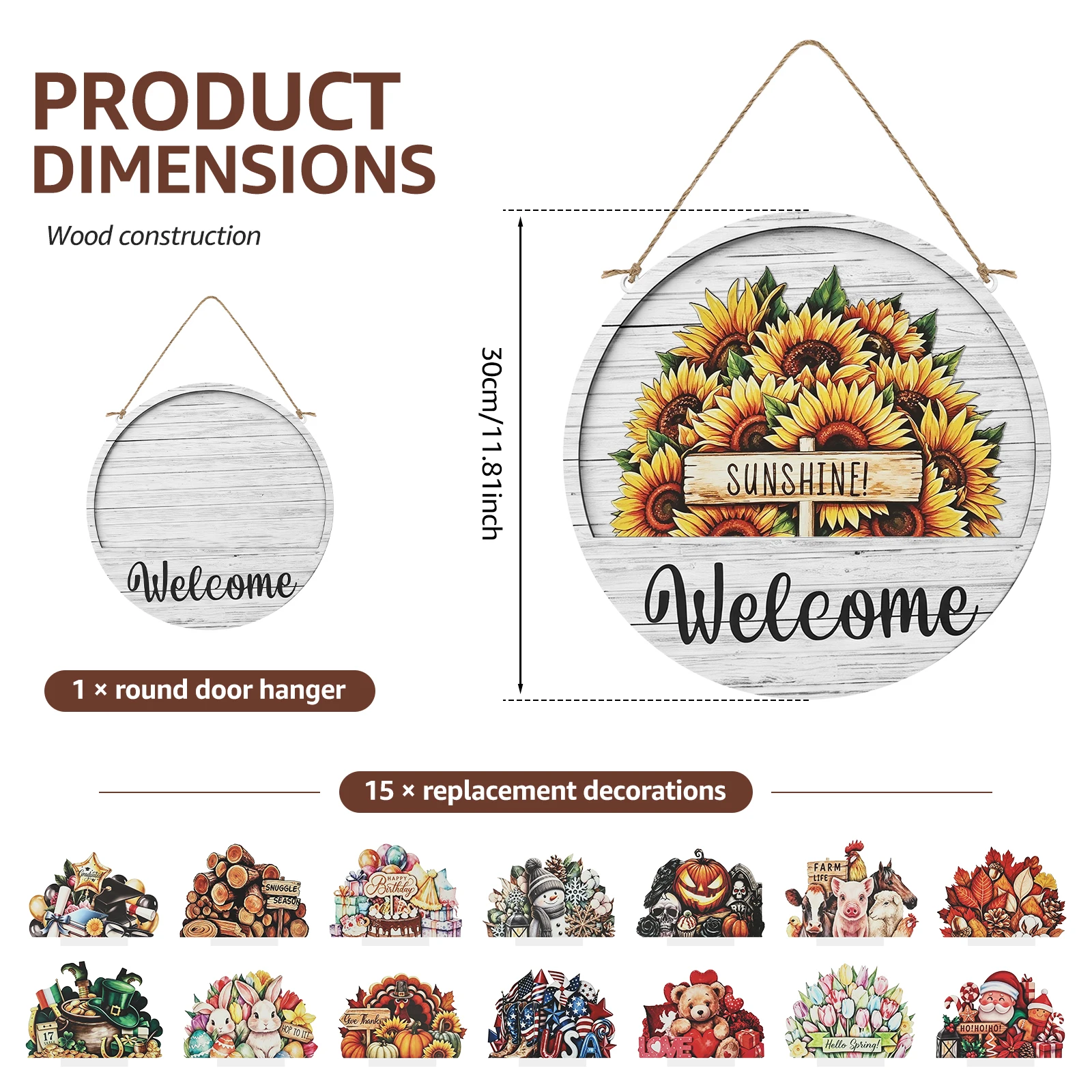 11.8'' Interchangeable Door Sign Wooden Welcome Sign with Magnetic Accessories Seasonal Door Signs for Farmhouse Wall Decoration