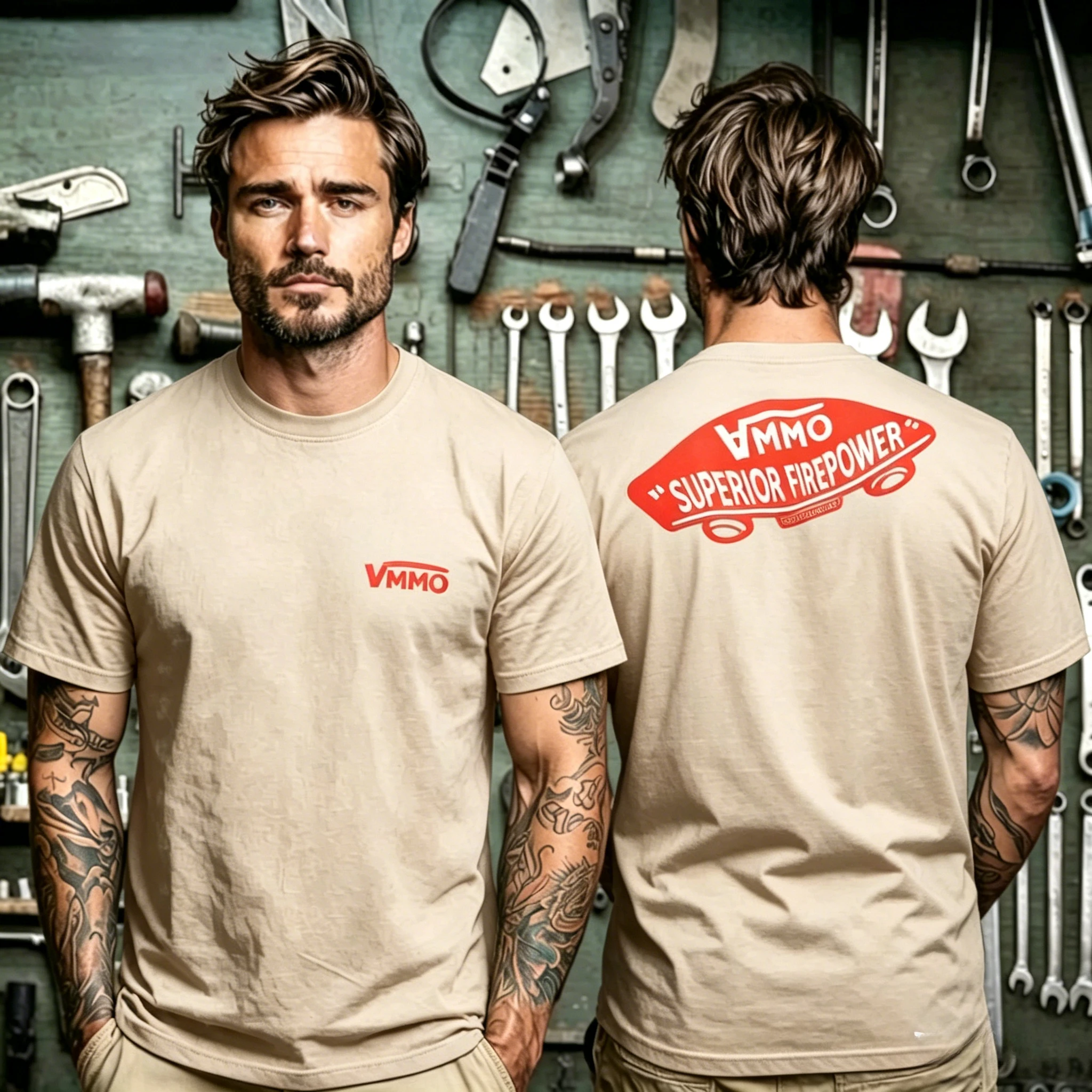 Tactical Superior Firepower Themed Unisex T‑Shirt, Double‑sided Print with VMMO Chest Logo and Skateboard Frame Slogan Graphic