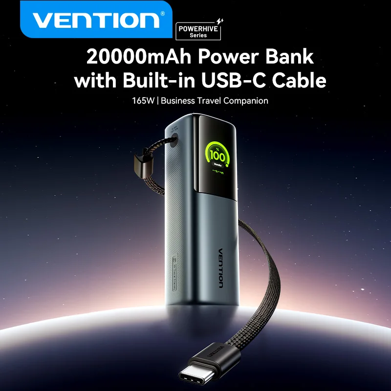 Vention 20000mAh 165W Max Power Bank PD3.0 Fast Charger with Built-in USB-C Cable External Battery Portable PowerBank for Laptop