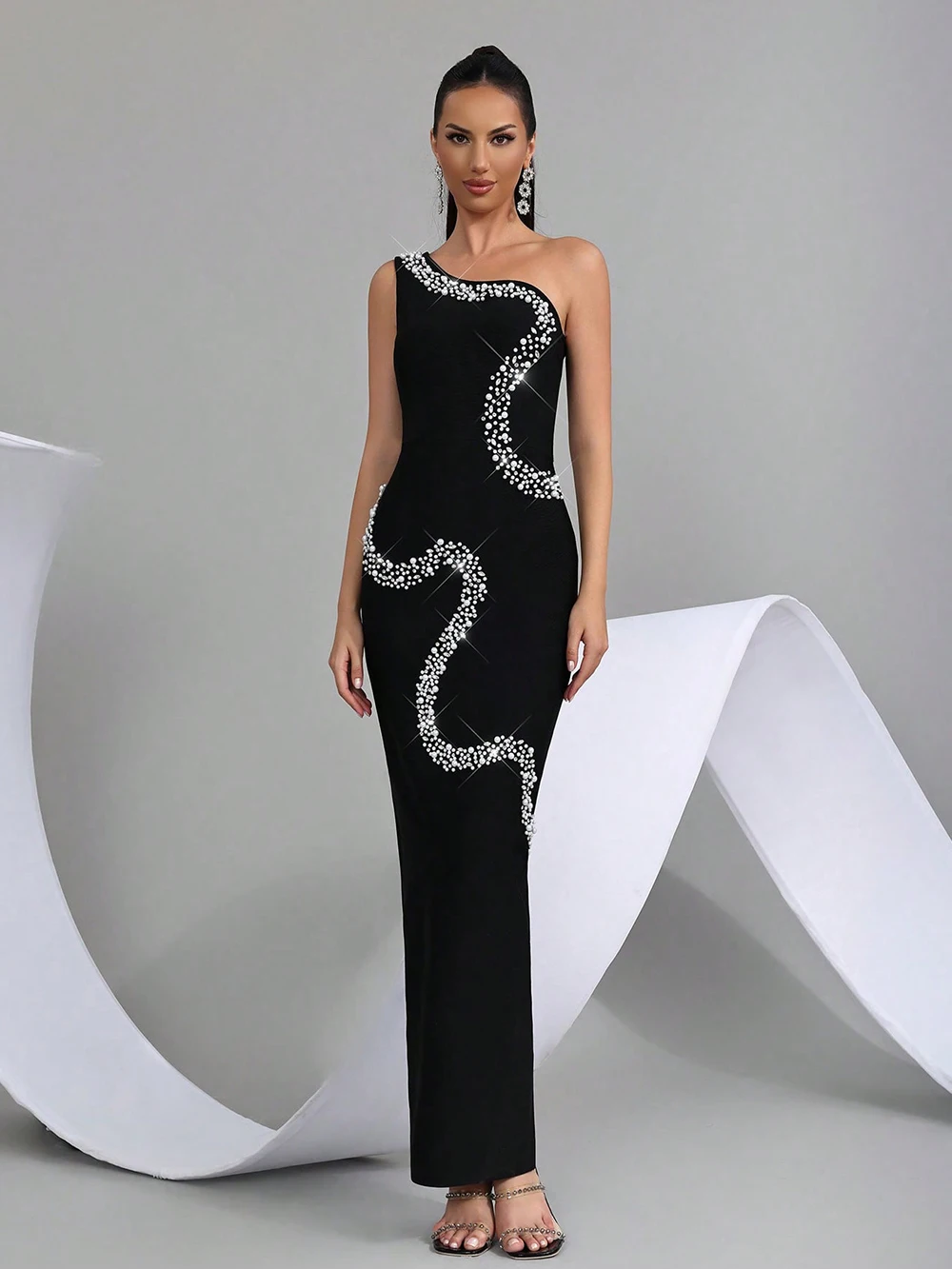 Modphy 2025 New Sexy One Shoulder Pearl Bead Maxi Long Bodycon Bandage Dress Women Sleeveless Elegant Evening Club Party Outfit