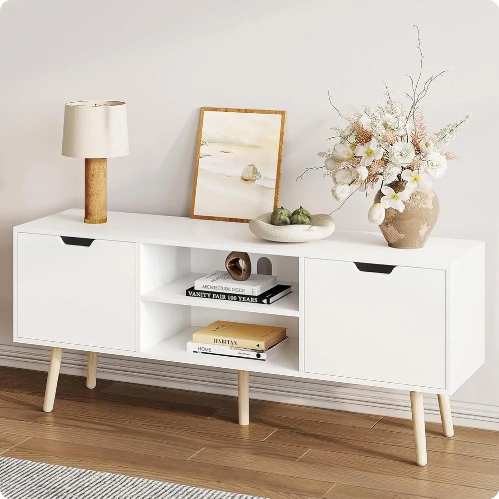 White TV Stand or 50 55 60+ Inch TVs, ern TV ole with Storage Cabi, Open Shelves and Solid Wood Legs, Entertainment Center Media