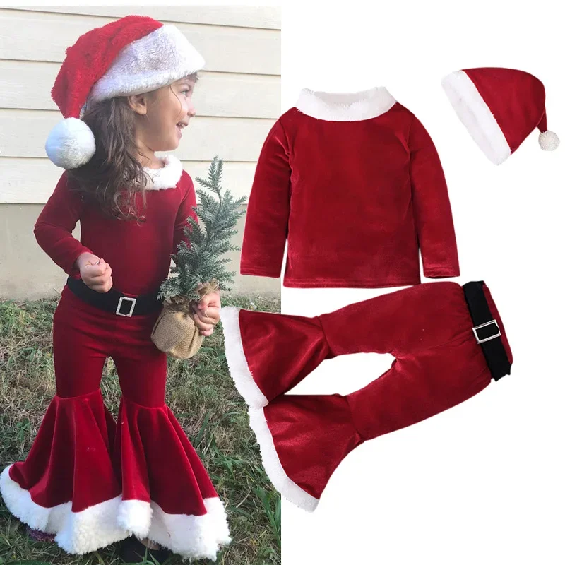 Roupa de Papai Noel para meninos e meninas, trajes de Natal, terno, chapéus, terno, presentes de aniversário, decorações de Natal, ano novo, 3pcs, 2024