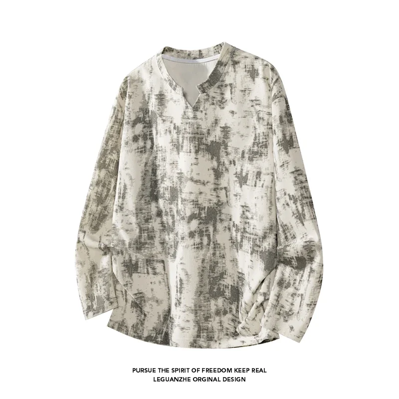 Male Loose Fit Acid Wash Tie Dye Long Sleeve Top Mock Neck Airy Fleece Fabric For Office Commute Leisure Occasions
