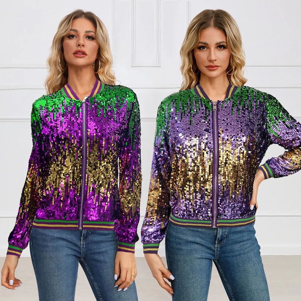 

Women Jackets Zipper Coats Full Sleeve Sequin Casual Slim Fit Regular Splice Short Coat Office Ladies Jacket Spring 2024