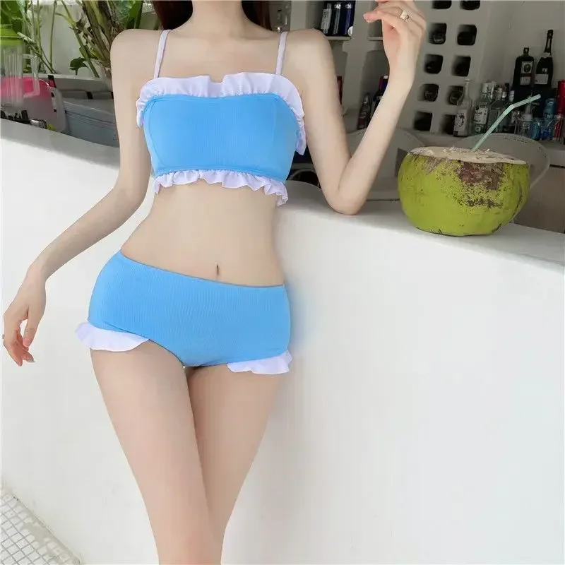 Bikini Sets Women Kawaii Girlish Leisure Beachwear Patchwork Sexy Ruffles Japan Style Summer Students Young Stylish Chic Mujer